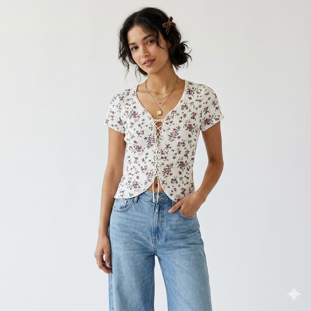 Vintage Y2K Fresh from California Ribbed Cotton Floral Milkmaid Coquette Top M